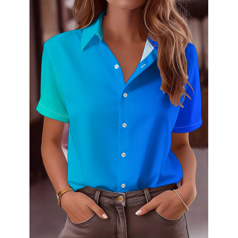 Women Formal Wear Stitching - Kemeja Kasual Wanita Lengan Pendek Kancing