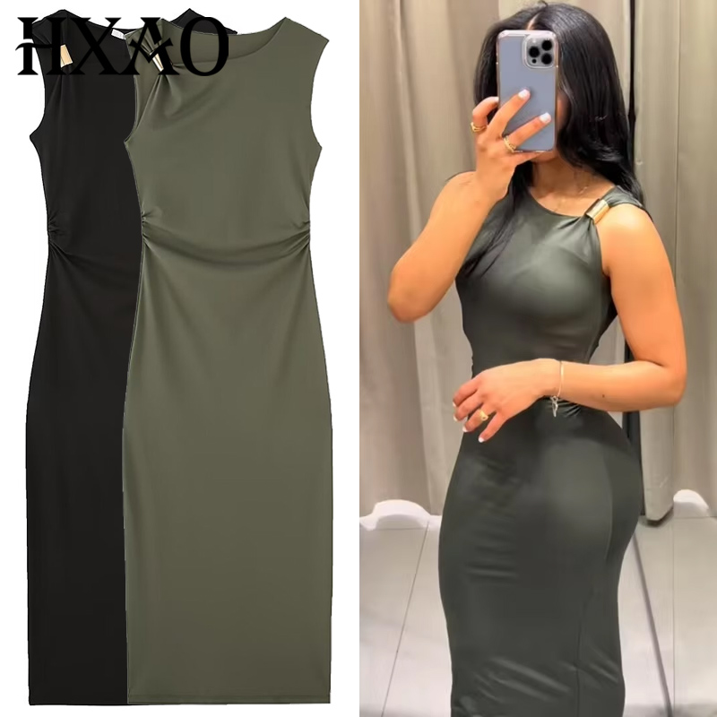Women'S Green Formal Wear - HXAO Gaun Bodycon Kerut Wanita Gaun