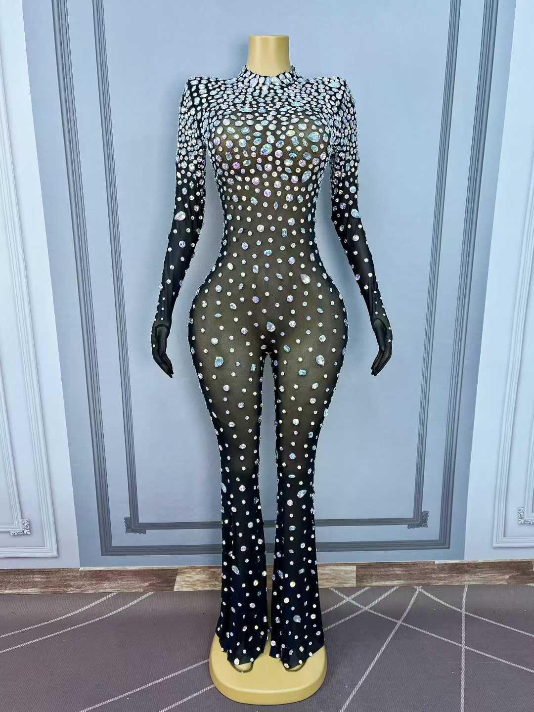 Women'S Semi Formal Evening Wear - Bodysuit Jaring Berhias Rhinestone AB Mewah