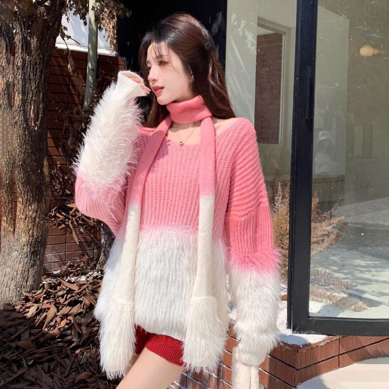 Cashmere Sweater Formal - Sweater Wanita Kerah V Gradasi Beludru