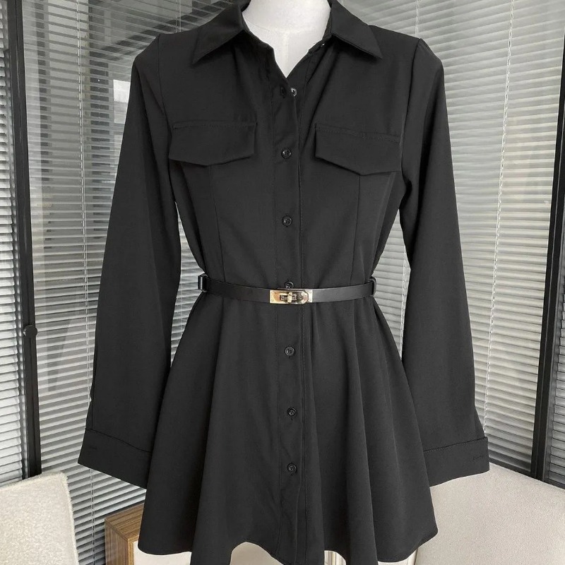 Women Formal Wear Stitching - Gaun Kemeja Hitam Wanita Lengan Panjang
