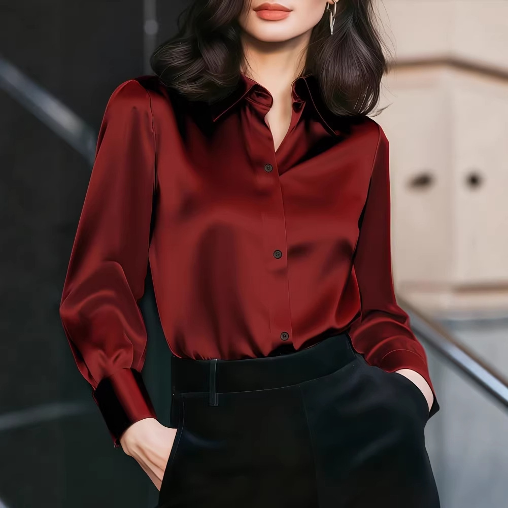 Women Formal Wear Shirts - Blus Wanita Kerah Satin dengan Kancing