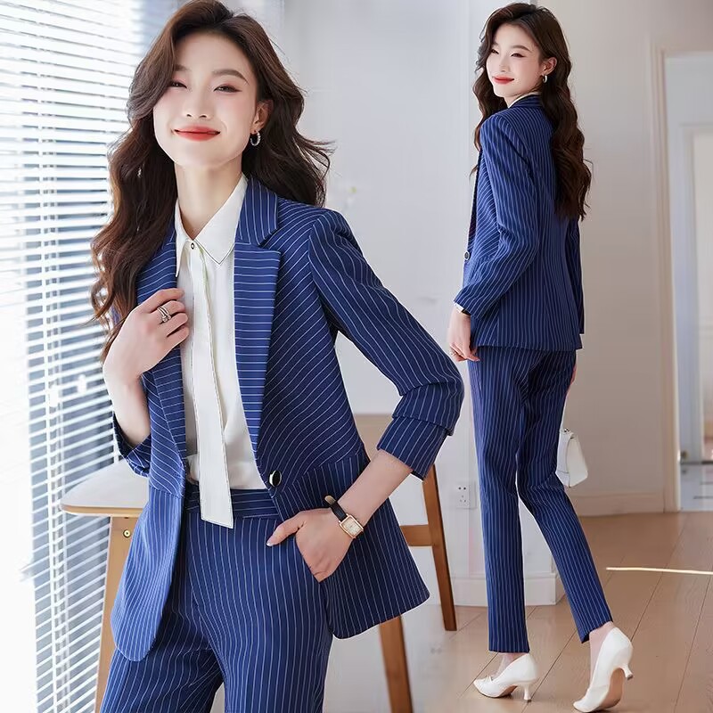Setelan bergaris biru untuk wa - Women Formal Wear Store ulasan dan harga